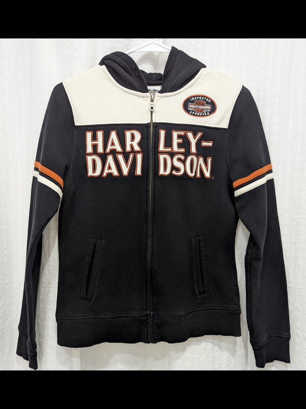 Harley-Davidson Women's Full Zip Hoodie Black Orange Colorblock Fleece Y2K Med
